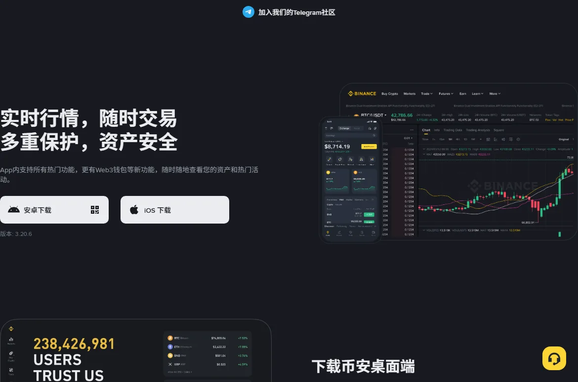 币安官网下载页，未登录状态，左边是行情和资产安全的宣传标语，下面是安卓下载和 iOS 下载两个按钮和版本号，右边是手机和电脑界面图