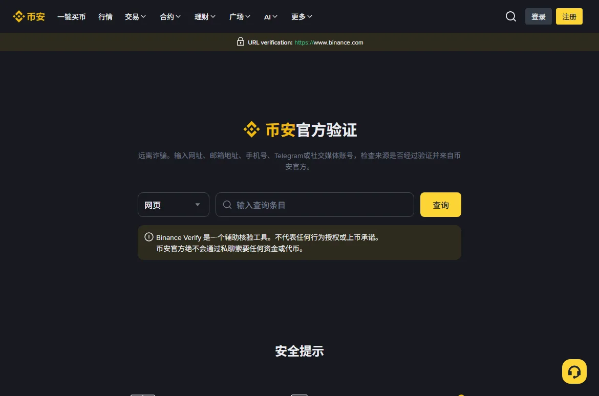 币安官方验证页，未登录状态，中间是币安官方验证标题，下面有类型下拉框、查询输入框和黄色查询按钮，以及辅助核验工具的提示
