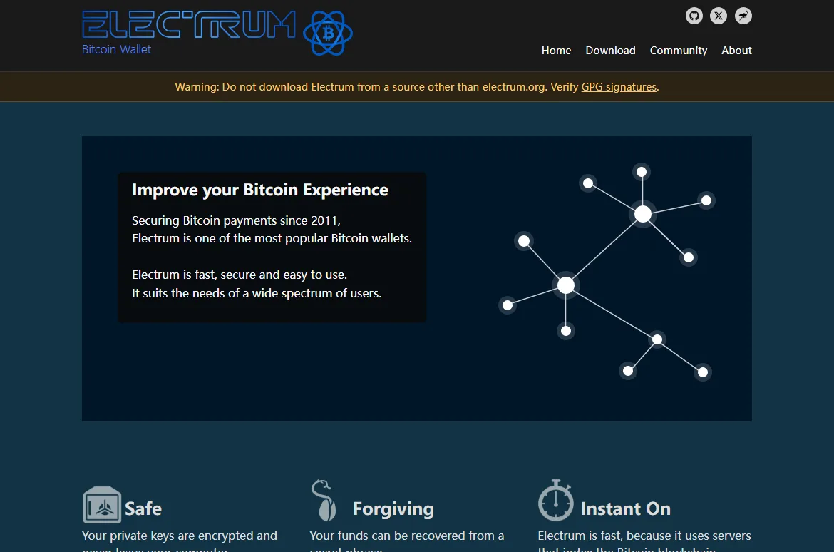 Electrum 钱包官网,页顶提醒只从 electrum.org 下载并核对 PGP 签名,下方是钱包功能介绍